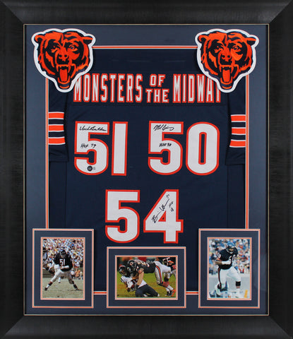 Monsters Of The Midway (3) Butkus, Singletary +1 Signed Navy Framed Jersey BAS