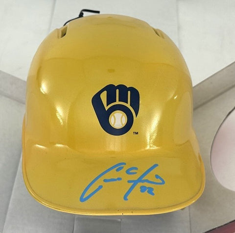 Milwaukee Brewers CHRISTIAN YELICH Signed Rawlings YELLOW Mini Helmet AUTO - JSA