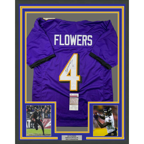Framed Autographed/Signed Zay Flowers 33x42 Baltimore Purple Jersey JSA COA