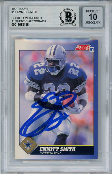 emmitt smith autographed helmet rushing record Emmitt Smith Autographed 1991 Score #15 Trading Card Beckett 10 Slab 3 – Super Sports Center