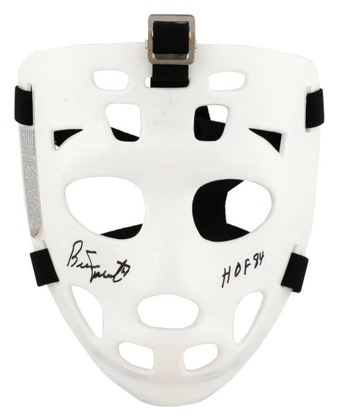 Bernie Parent Signed White w/ Black Straps T/B Hockey Goalie Mask w/HOF (SS COA)