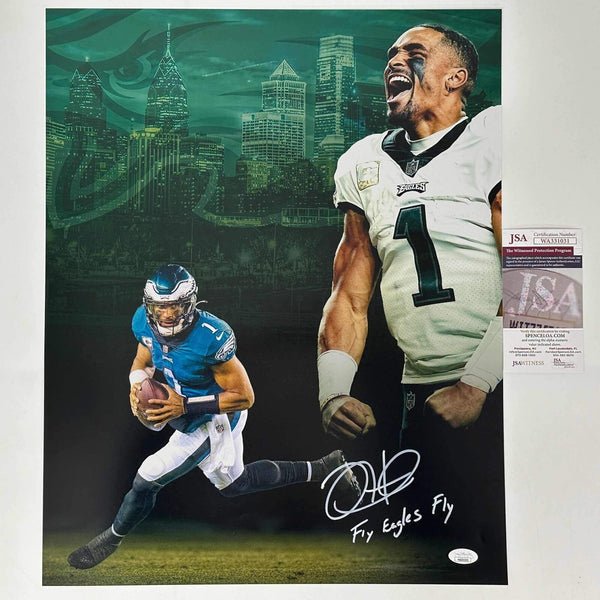 Autographed/Signed Jalen Hurts Inscribed Fly Eagles Fly 16x20 Photo JSA COA #2
