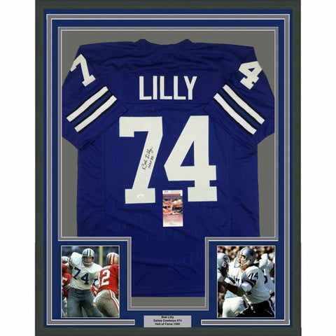 FRAMED Autographed/Signed BOB LILLY HOF 33x42 Dallas Retro Blue Jersey JSA COA
