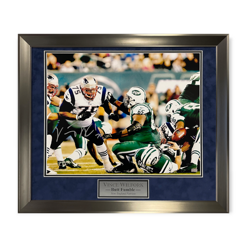 Vince Wilfork Signed Autographed Butt Fumble Photograph Framed to 23x27 NEP
