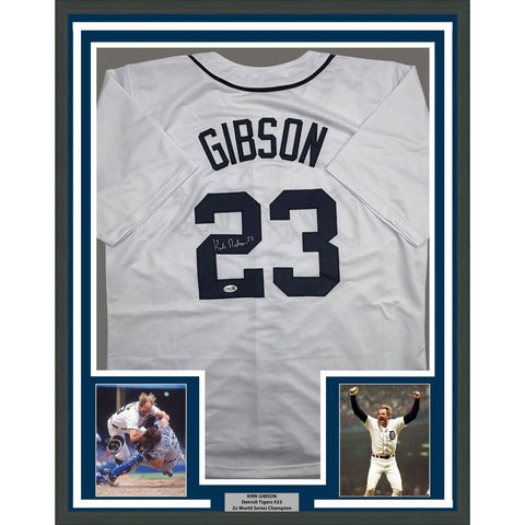 Framed Autographed/Signed Kirk Gibson 35x39 Detroit White Jersey JSA COA