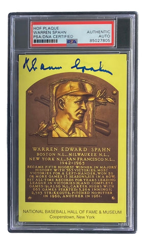 Warren Spahn Signed 4x6 Milwaukee Braves Hall Of Fame Plaque Card PSA/DNA