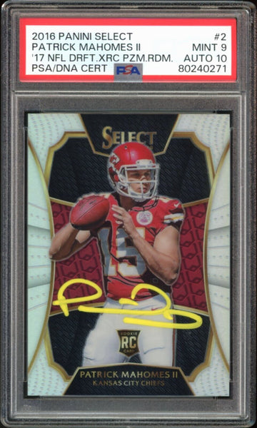 2016 Panini Select 2017 XRC Prizm #2 Patrick Mahomes RC PSA 9/10 Auto MINT