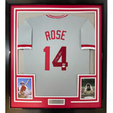 Framed Autographed/Signed Pete Rose 35x39 Cincinnati Grey Jersey JSA COA