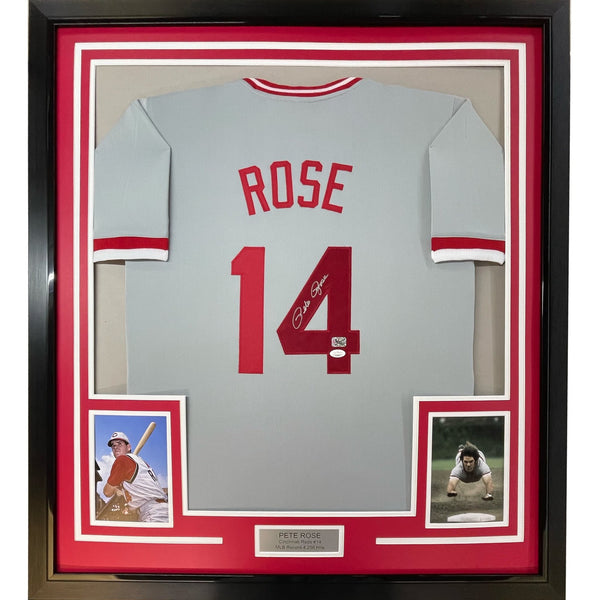 Framed Autographed/Signed Pete Rose 35x39 Cincinnati Grey Jersey JSA COA