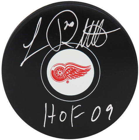 Luc Robitaille Signed Detroit Red Wings Logo Hockey Puck w/HOF'09 (SCHWARTZ COA)