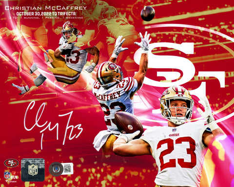 CHRISTIAN MCCAFFREY AUTOGRAPHED 8X10 PHOTO 49ERS TRIFECTA COLLAGE BECKETT 224392