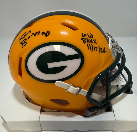 Packers KARL BROOKS Signed Speed Mini Helmet with "GW Block 11/17/24" - JSA