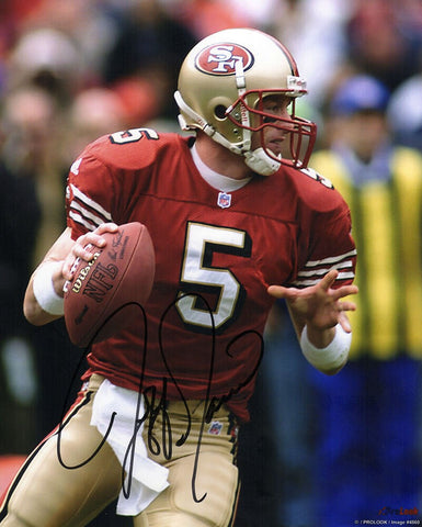 Jeff Garcia Signed 49ers Red Jersey Passing Action 8x10 Photo - (SCHWARTZ COA)