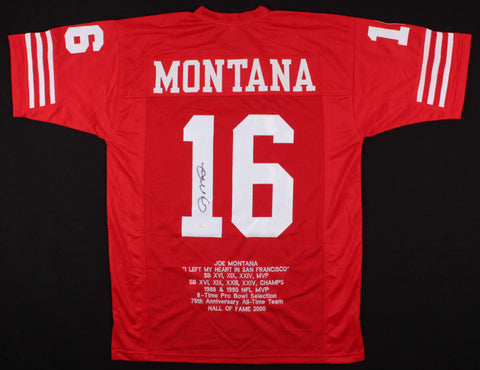 Joe Montana Signed 49ers Career Highlight Stat Jersey JSA /4xSuper Bowl Champion