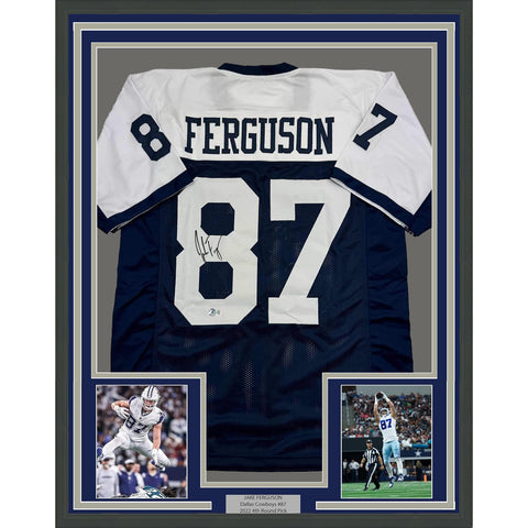 Framed Autographed/Signed Jake Ferguson 33x42 Dallas Thanksgiving Jersey BAS COA