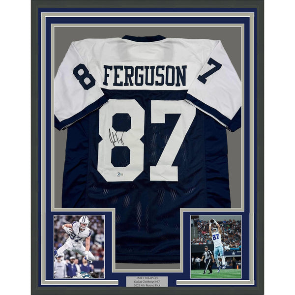Framed Autographed/Signed Jake Ferguson 33x42 Dallas Thanksgiving Jersey BAS COA
