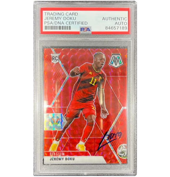 Jeremy Doku Signed 2021 Panini Mosaic Red Prizm Rookie #11 - PSA Authentic