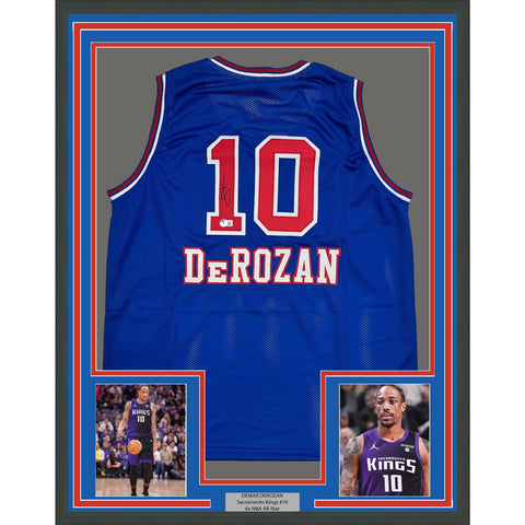 Framed Autographed/Signed DeMar DeRozan 35x39 Blue KC Retro Jersey Beckett COA