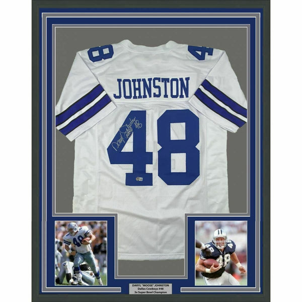 FRAMED Autographed/Signed DARYL MOOSE JOHNSTON 33x42 White Jersey BAS COA