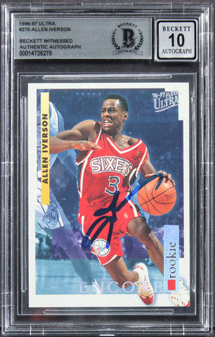 76ers Allen Iverson Signed 1996 Ultra #270 Rookie Card Auto 10! BAS Slabbed