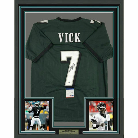 FRAMED Autographed/Signed MICHAEL VICK 33x42 Philadelphia Green Jersey PSA COA