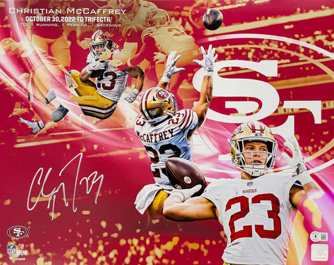 CHRISTIAN MCCAFFREY AUTOGRAPHED 16X20 PHOTO 49ERS TRIFECTA COLLAGE BECKETT