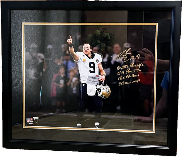 Drew Brees Autographed 16x20 Framed Photo Stats Inscribed LE 7/9 Fanatics COA