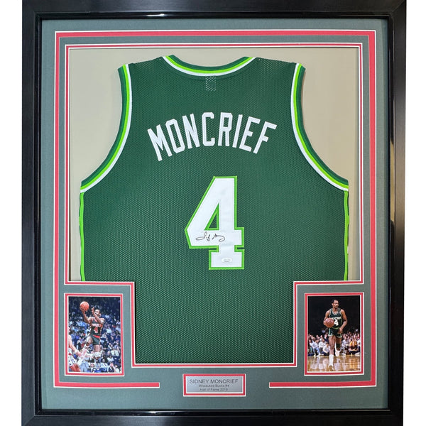 Framed Autographed/Signed Sidney Moncrief 35x39 Green/White Jersey PSA COA