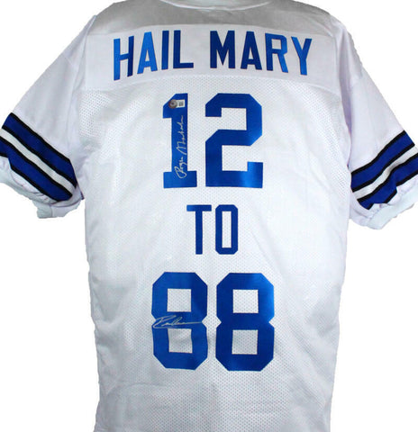 Roger Staubach Drew Pearson Autographed White Pro Style Jersey-Beckett W Holo