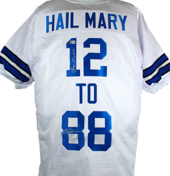 Roger Staubach Drew Pearson Autographed White Pro Style Jersey-Beckett W Holo