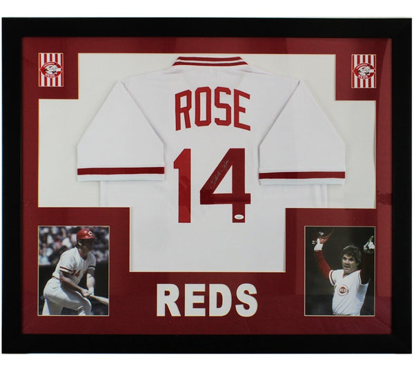 Pete Rose Signed Cincinnati Reds Framed White MLB Jersey