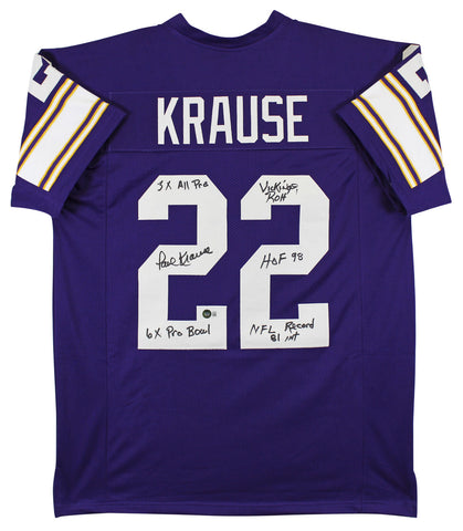 Paul Krause "Stat" Authentic Signed Purple Pro Style Jersey BAS Witnessed