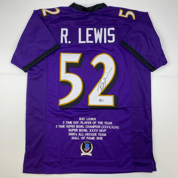 Autographed/Signed Ray Lewis Baltimore Purple Stat Football Jersey Beckett COA