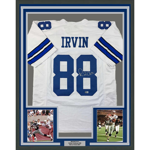 Framed Autographed/Signed Michael Irvin 33x42 Dallas White Jersey Beckett COA