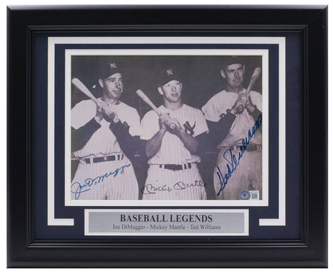 DiMaggio Mantle Williams Signed Framed Yankees 8x10 Baseball Photo BAS LOA