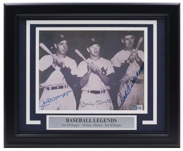 DiMaggio Mantle Williams Signed Framed Yankees 8x10 Baseball Photo BAS LOA