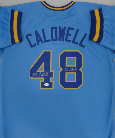 Brewers MIKE CALDWELL Signed Custom Replica Blue Jersey AUTO w/ 82 Champs - JSA