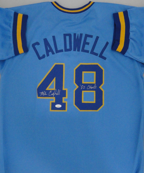 Brewers MIKE CALDWELL Signed Custom Replica Blue Jersey AUTO w/ 82 Champs - JSA