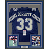 Framed Autographed/Signed Tony Dorsett 33x42 Dallas Dark Blue Jersey JSA COA