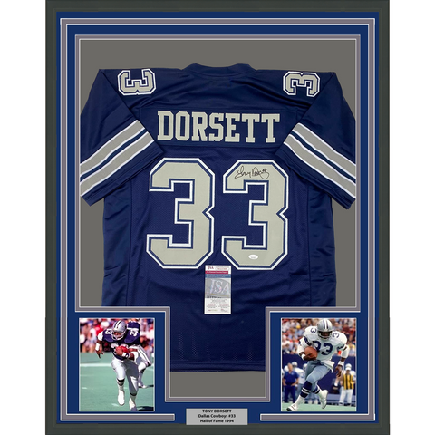 Framed Autographed/Signed Tony Dorsett 33x42 Dallas Dark Blue Jersey JSA COA