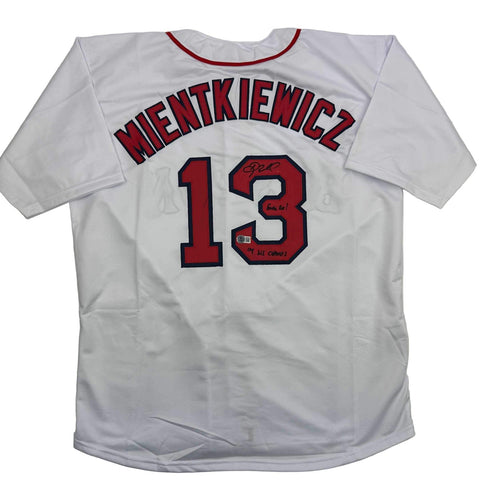 Autographed/Signed Doug Mientkiewicz Final Out! Boston White Jersey Beckett COA
