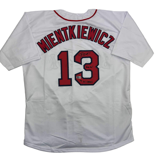 Autographed/Signed Doug Mientkiewicz Final Out! Boston White Jersey Beckett COA