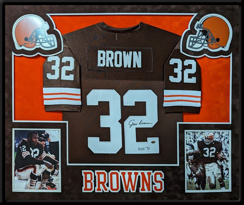 CUSTOM FRAMED IN SUEDE CLEVELAND BROWNS JIM BROWN AUTOGRAPHED SIGNED JERSEY GTSM
