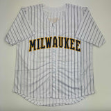 Autographed/Signed William Contreras Milwaukee Pinstripe Baseball Jersey JSA COA