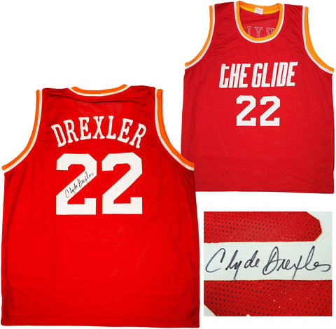HOUSTON ROCKETS CLYDE DREXLER AUTOGRAPHED RED JERSEY THE GLIDE JSA STOCK #202350