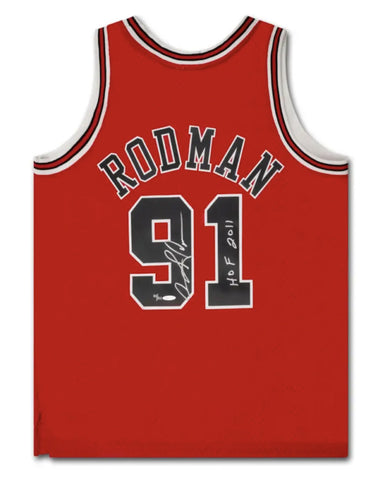 Dennis Rodman Autographed Chicago Bulls "HOF 2011" M&N Red Jersey UDA LE 111