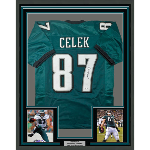 Framed Autographed/Signed Brent Celek 35x39 Philadelphia Green Jersey JSA COA