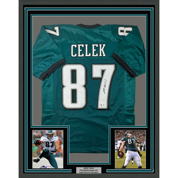 Framed Autographed/Signed Brent Celek 35x39 Philadelphia Green Jersey JSA COA