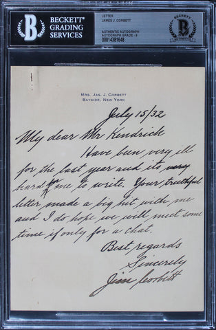 James J. Corbett Signed 5.5x6.75 1932 Handwritten Letter Auto 9! BAS Slabbed