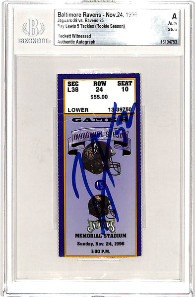 Ray Lewis Signed Baltimore Ravens 11/24/96 Ticket Stub Slab Beckett 42756